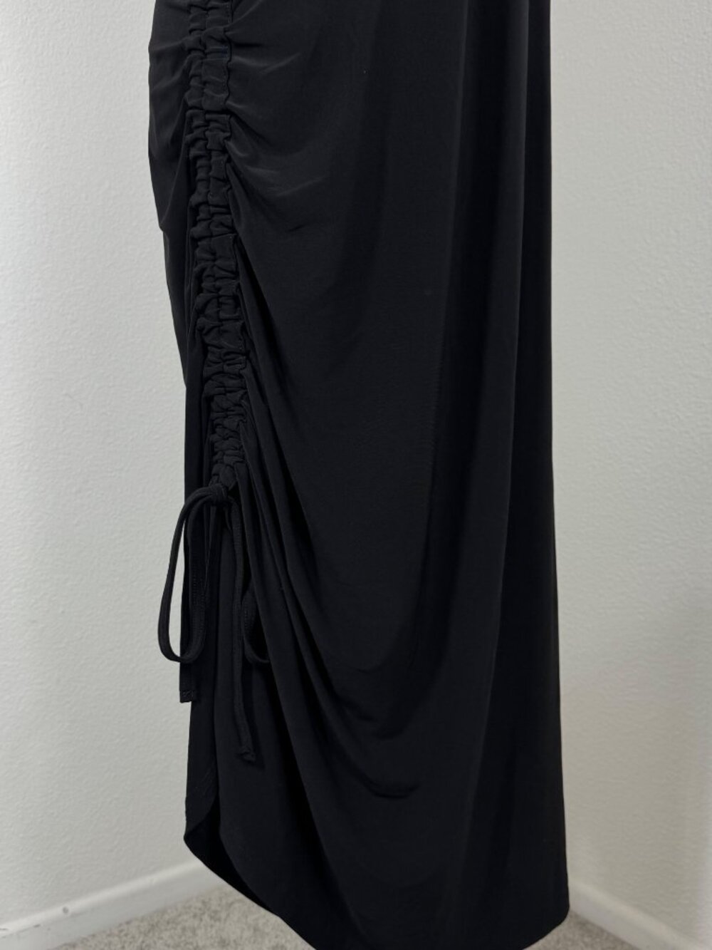 Joseph Ribkoff Dress Black Jersey Midi Side Ruching V Neck Sz 10 Short Sleeve - Picture 4 of 13